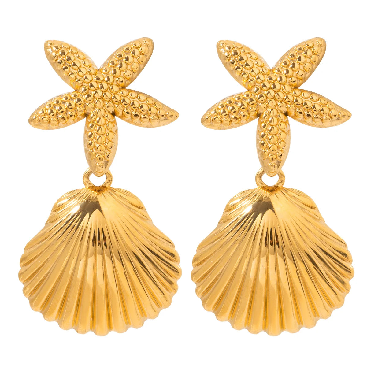 Trendy Engagement 18K Gold Plated Stainless Steel Bezel Setting Retro Starfish Shell Ocean Series Pendant Earrings