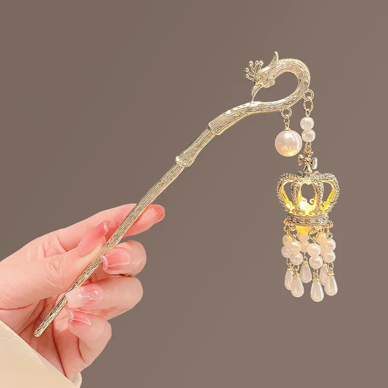 Chinese Ancient Style Pearl Chopstick Luminous Hair Stick for Women Vintage Luminous Phoenix Crown Tassel Hairpin