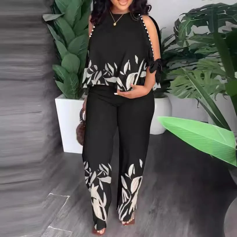 New Fashion Tops + Pants 2 Pcs Set Suits Women Floral Printed O-neck Casual Loose Elastic Waist Pants Africa Tops Shirts Suits MegaBDM