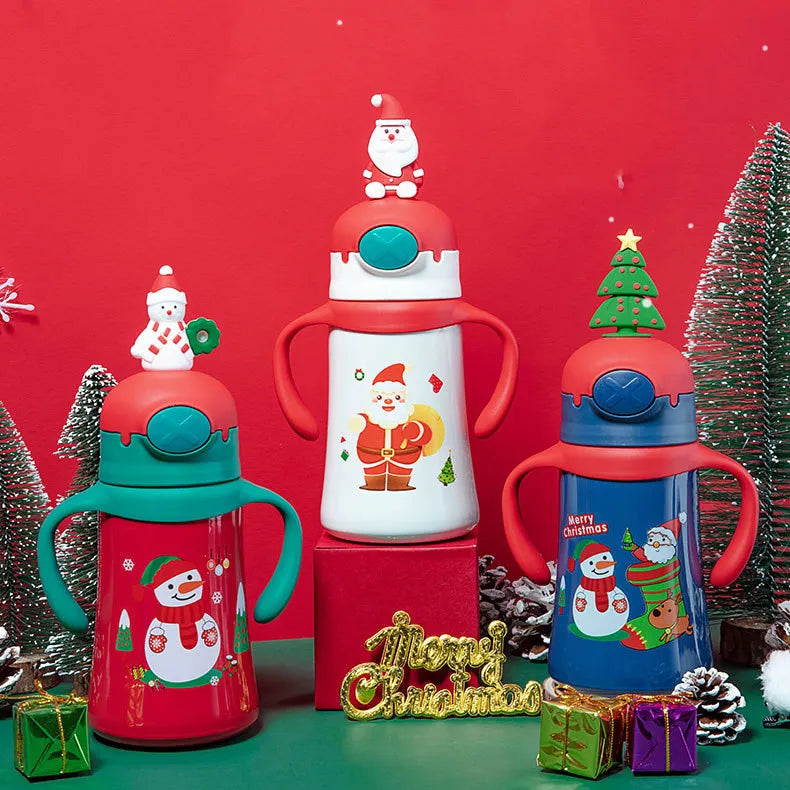 Christmas 316 Stainless Steel Bottle Cute Cartoon Portable Water Cup Children's Thermos with Spring Lid Straw