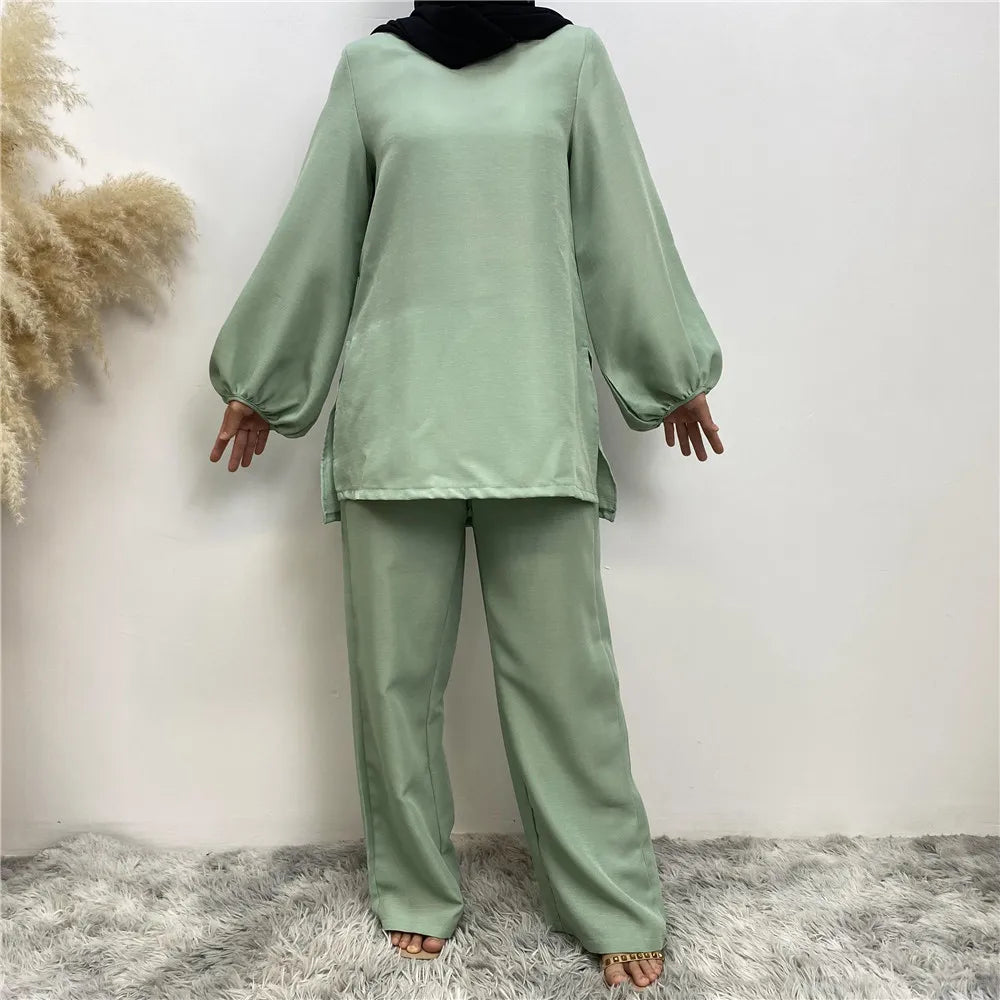2026 High Quality Luxury Dubai Muslim Dress 2 Piece Set Solid Color Islamic Clothing