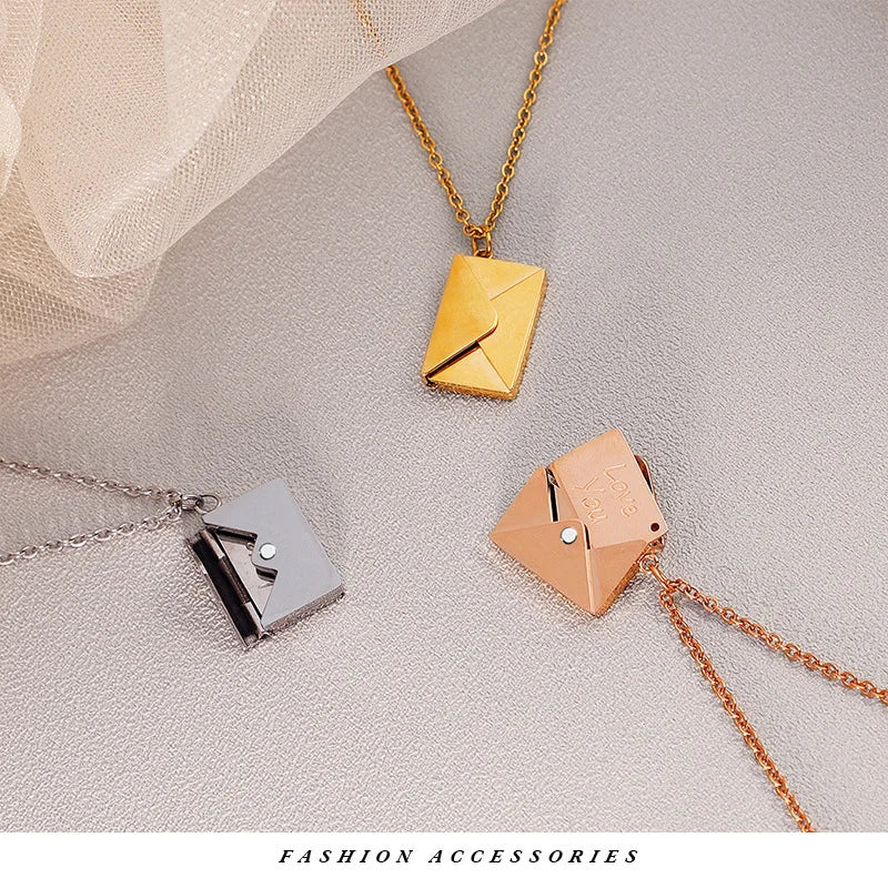 Envelope Locket Necklace with Gold Rose Gold Silver Color Love You Secret Hidden Message Pendant Necklace Gift Jewelry