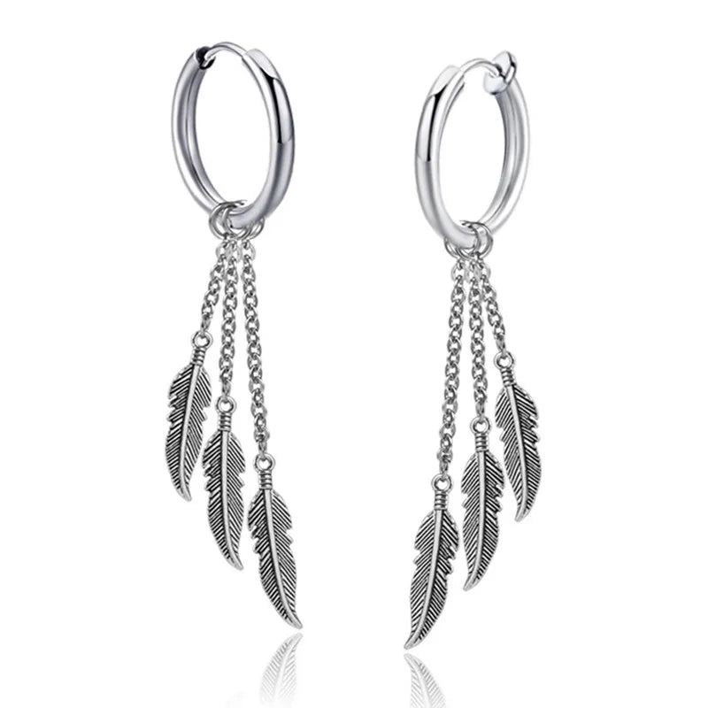 DAIHE Simple Design Cross Feather Tassel Earring Stainless Steel Fashion Geometric Pendant Stud Ear Jewelry  Gifts for Women