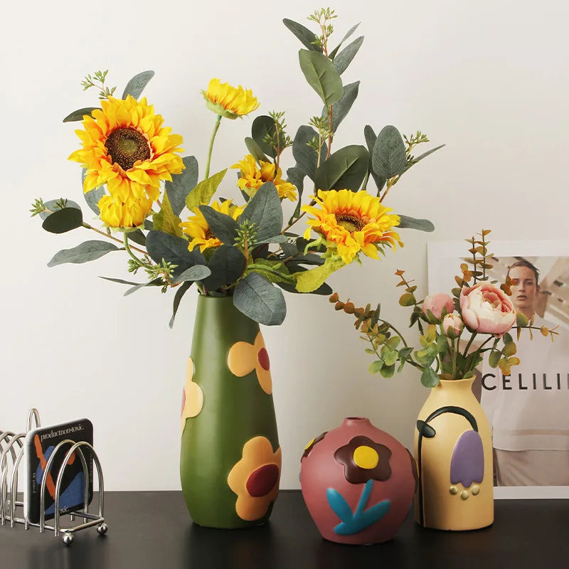 Nordic Creative Home Decoration Morandi Contrasting Color Painted Ceramic Combination Art Vase for Living Room and Homestay