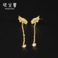 14k Gold Plated Leaves Shape Design Long Tassel Small Diamond Earrings