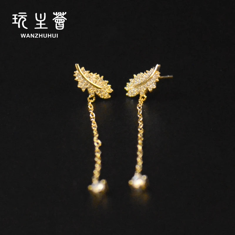 14k Gold Plated Leaves Shape Design Long Tassel Small Diamond Earrings