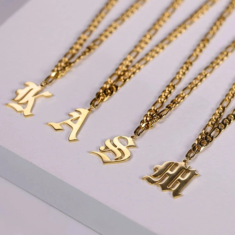 Gothic Initial A-Z Necklace for Women Old English Letter Stainless Steel Gold Chain Choker Wedding/Anniversary Jewelry Gift for