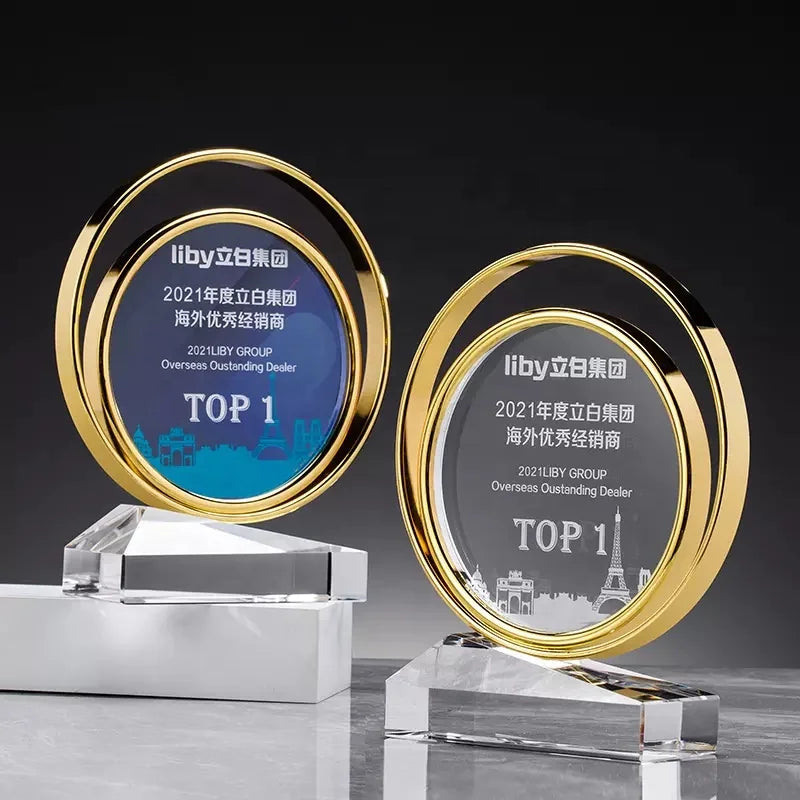 Crystal Medals Carve Metal Double Circles Round Glass Trophy Custom Sublimation Champion Honor Award Trophy Plaques Souvenir