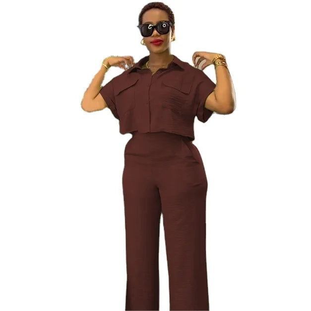 European and American Women's New Casual Lapel Short Sleeved Shirt Wide Leg Long Pants Fashion Set