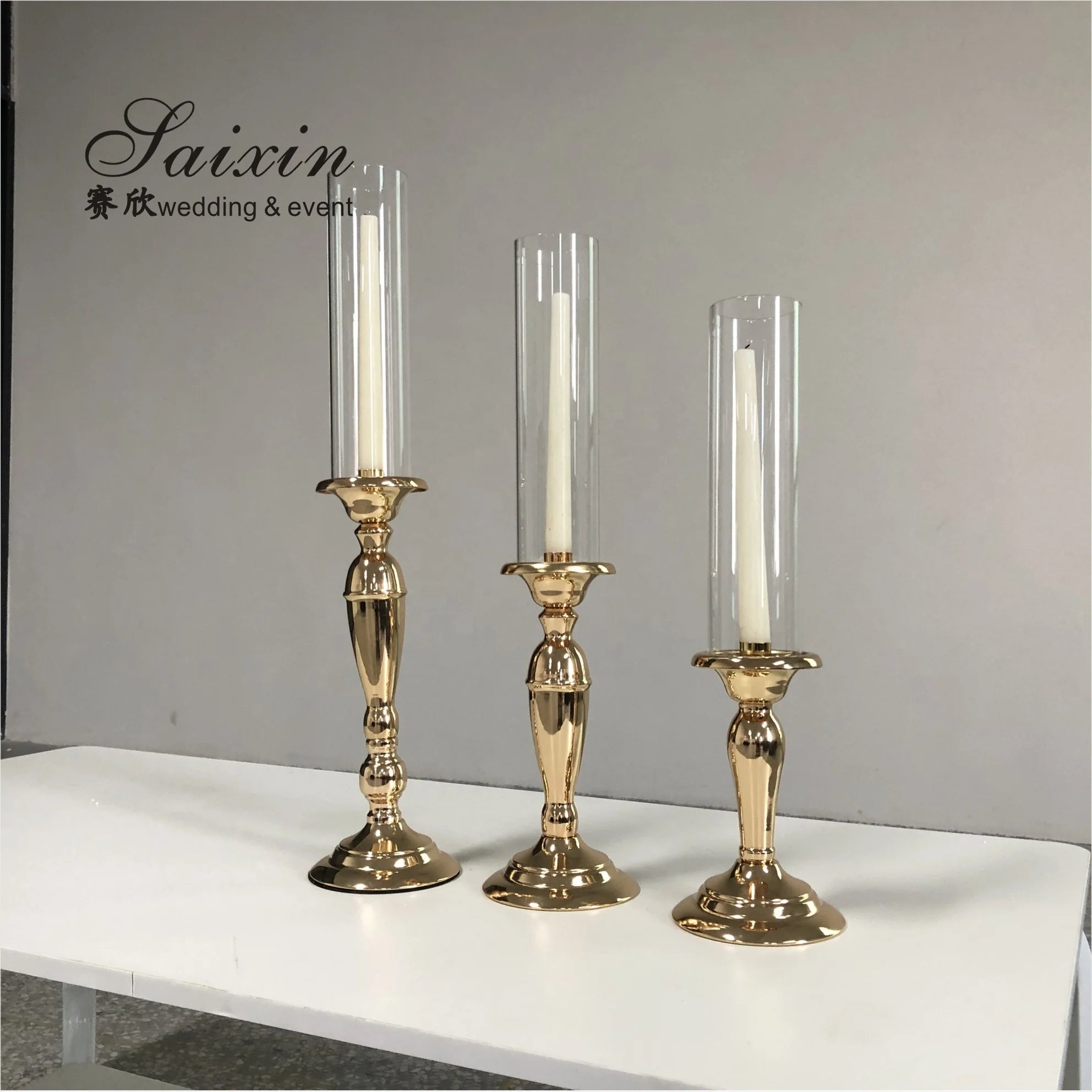 SAIXIN 3-Piece Set Gold Metal and Glass Candlestick for Wedding and Event Decor