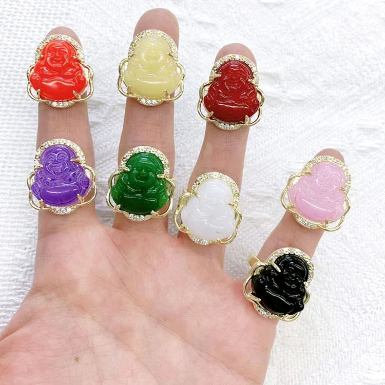 RN1053 Fashion Jade Buddha Jewelry 18k Gold Plated CZ Paved Jade Stone Buddha Rings for Women Ladies