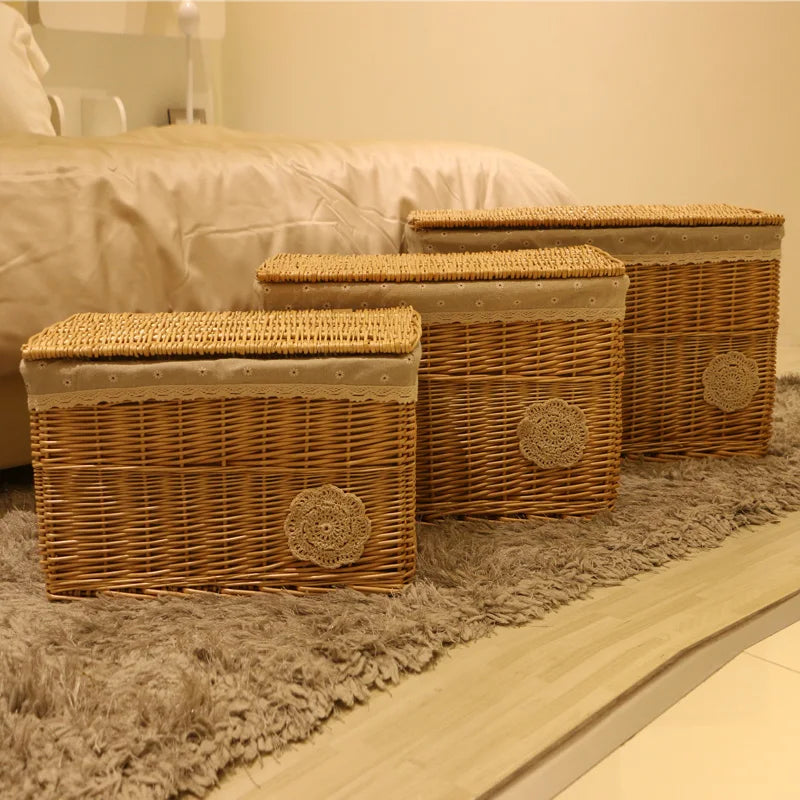 2025 New Large Capacity Square Natural Wicker Storage Basket With Cover