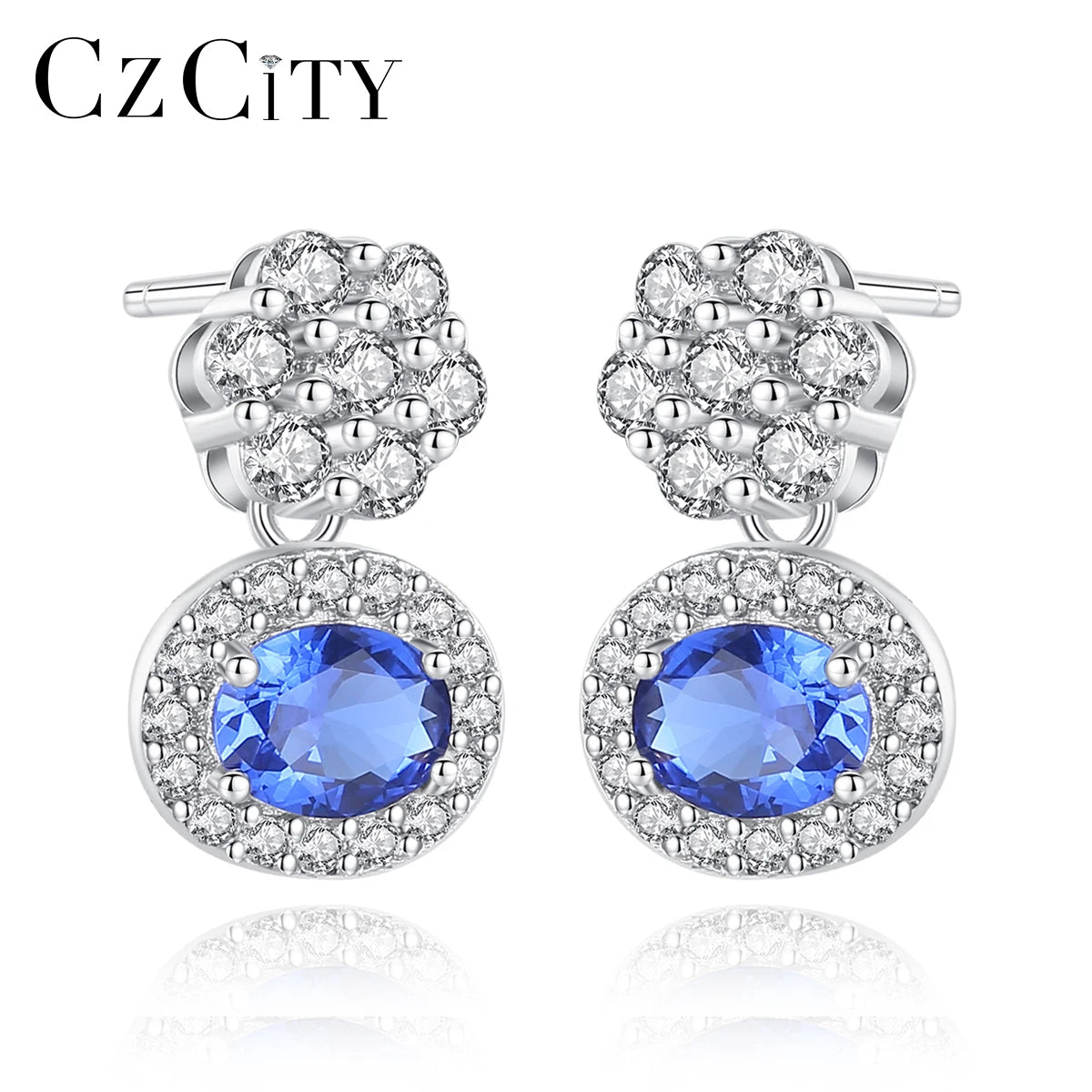 CZCITY Jewellery Sterling Silver Sapphire Women Flower Stud Earrings