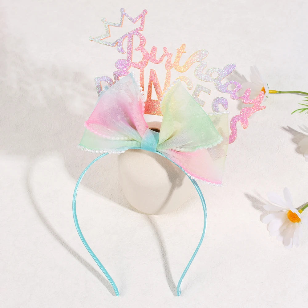 CN Happy Birthday Headband Glitter Letters Girls Organza Pearl Bowknot Birthday Hairband for Party Hair Accessories