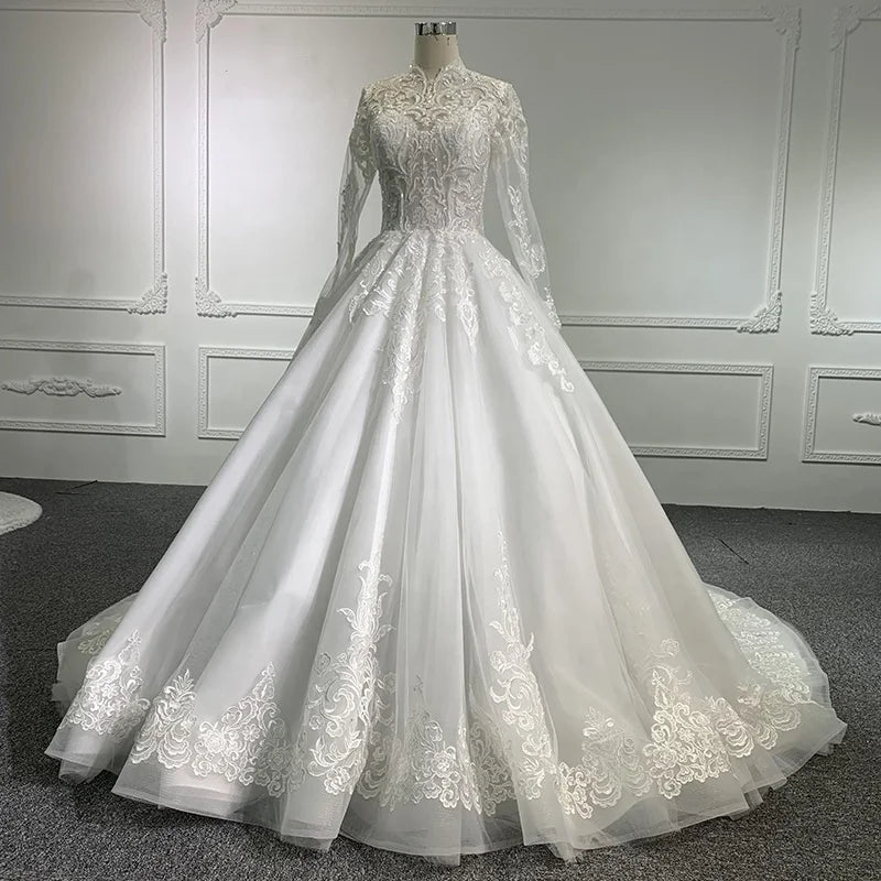 Jancember LSB042 High Neck Long Sleeves Button Illusion  Women's Long Dress for Wedding
