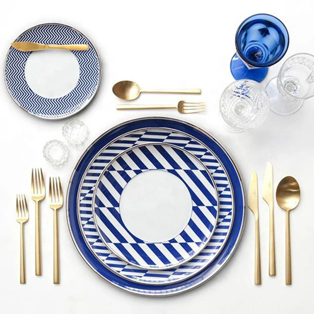 Hot Selling Modern Blue Pattern Enamel Dinnerware Set Break-Resistant Dinner Plates and Bowls for Camping RV Use Christmas