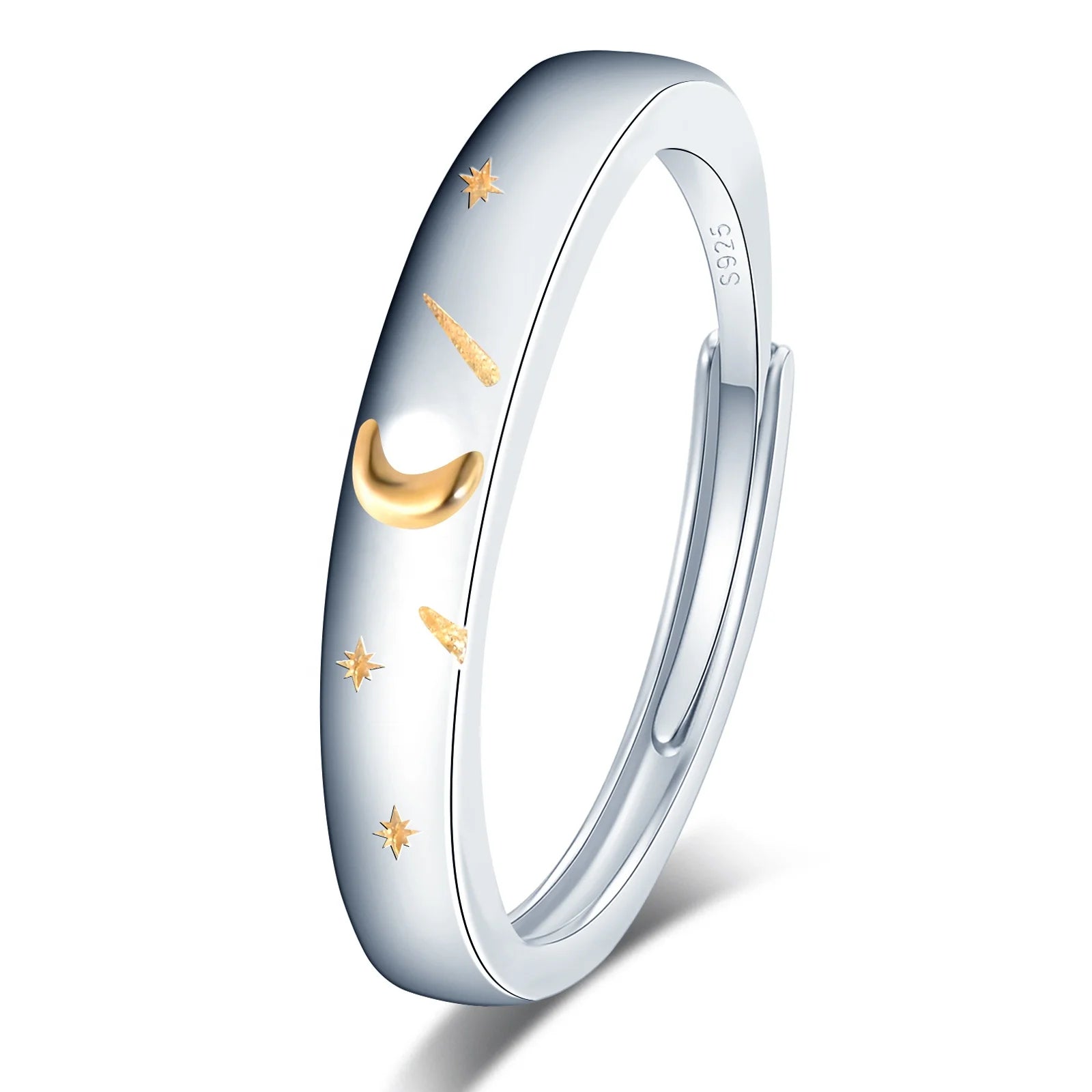 Custom S925 Silver Open Band Women's Finger Ring Trendy Star and Moon Design for Wedding Engagement Anniversary Parties