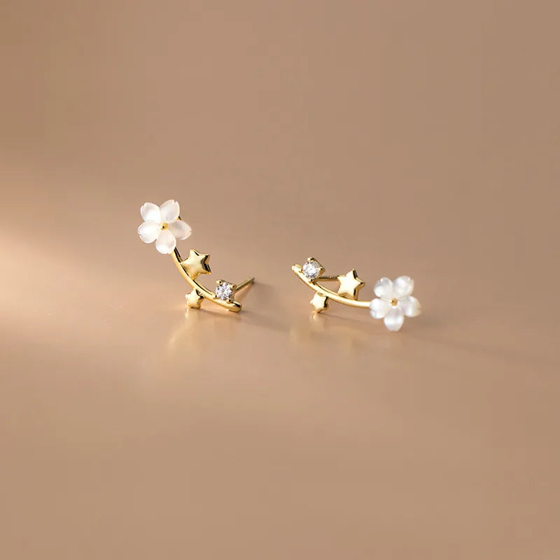 Fashion 925 Sterling Silver Shell Flower Shape Stud Earrings Small Star Zircon Gold Plated Earings Jewelry for Women