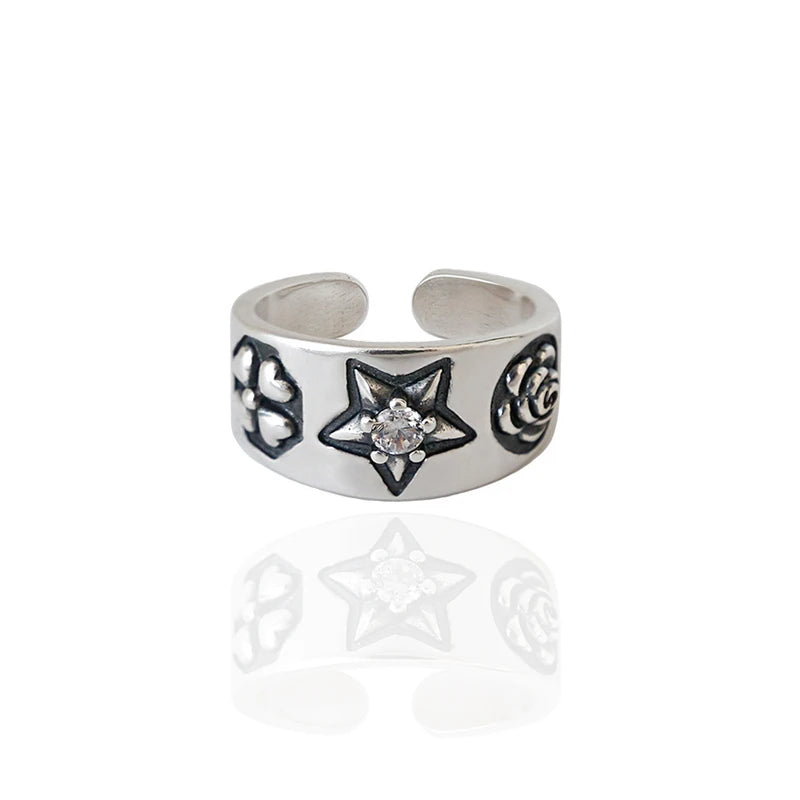 WMJT388 Opening Women's Retro Adjustable Ring Vintage Flower Star Pattern in Solid 925 Sterling Silver for Weddings & Parties