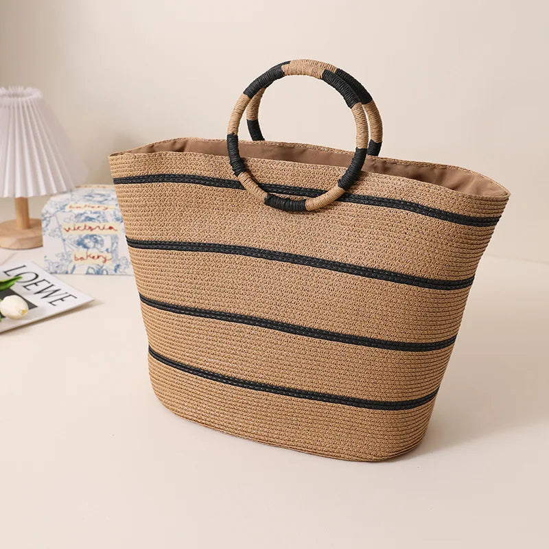 Casual Retro Large Capacity Hand-Woven Straw Braided Tote Zipper Closure Handbag for Seaside Holidays