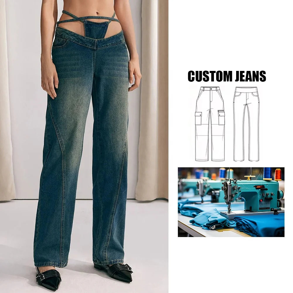 Brand Customization Women's High Waist Straight Baggy Jeans V Cut Out Lace up Blue Denim Pants Fashionable Y2K Streetwear Jeans