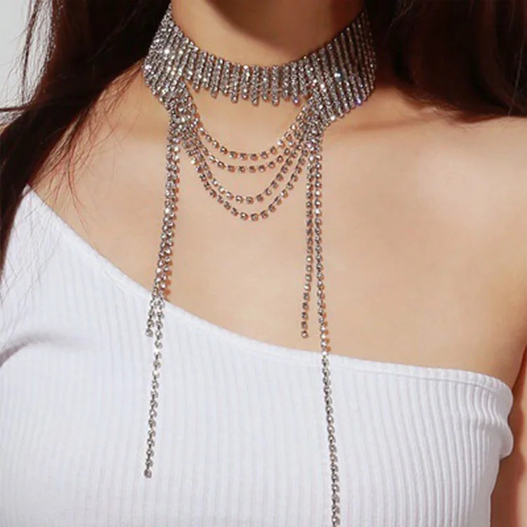 Cross-Border Jewelry Vintage Exaggerated Irregular Fashionable with Full Drills Multi-Layer Tassel Collarbone Necklace