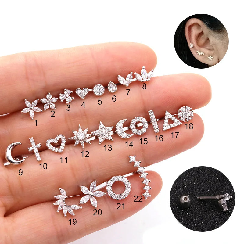 Wholesale 22 Style Cubic Zirconia Stud Earrings for Womens Stainless Steel Mini Gold Plating Heart Flowers Earrings MegaBDM