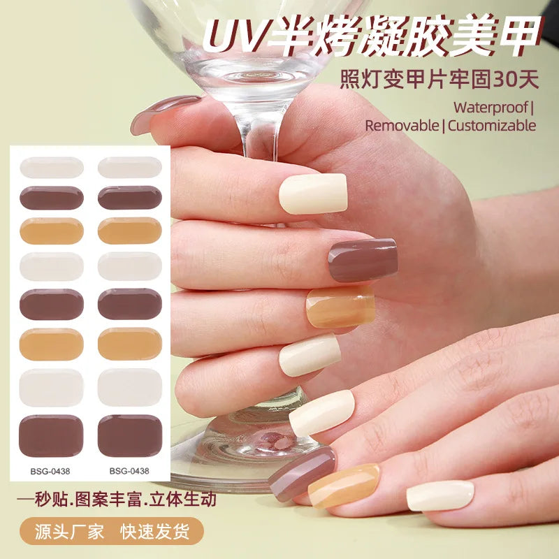 Newest Korean Style 3D Plastic Gel Nail Strips Wraps Semi Cured Nail Stickers ZHE Origin Decals