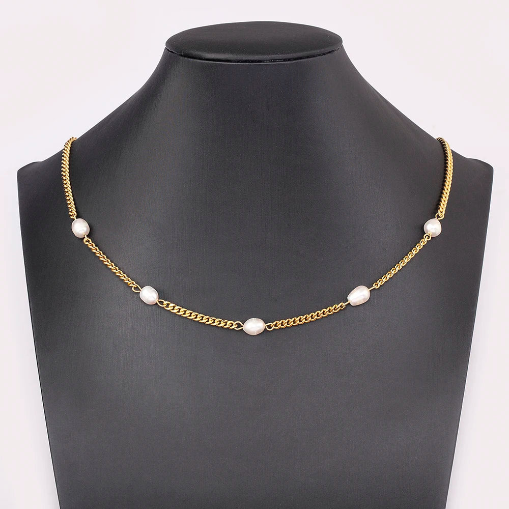 QIKU Retro Pearl Gold Color Chain Women Necklace Copper Engagement Jewelry Wedding Accessories Charm Gift Wholesale Dropshipping