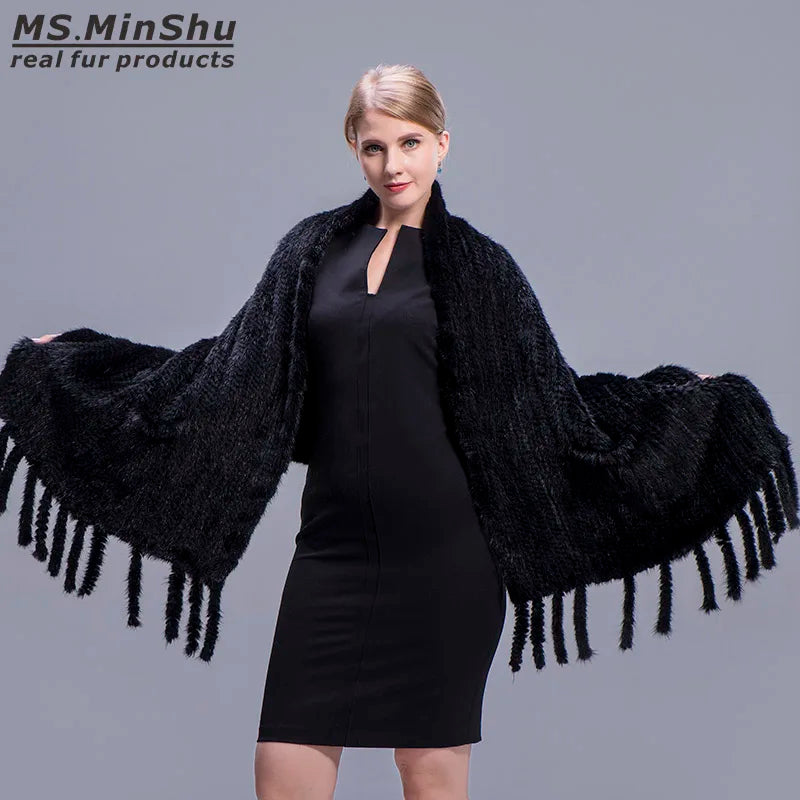 MWFur Fashion Hand Knitted Mink Fur Scarf Women Winter Mink Fur Shawl with Pockets