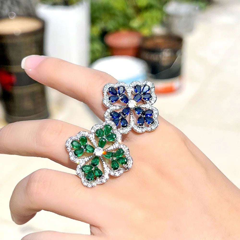Silver Plated Blue Green Cubic Zirconia Crystal Pave Luxury Statement Big Chunky Flower Party Engagement Rings for Women Jewelry