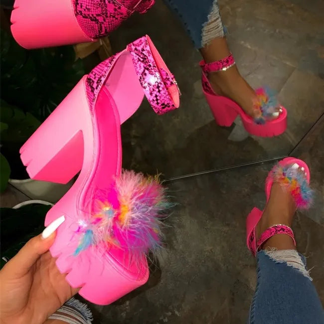 Good Quality Chunky Fur Trendy Heels Summer Women Sandal Chunky Platform Heels
