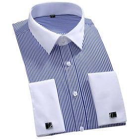 Mens Dress Shirts Loose Tuxedo French Cuff Regular Fit Luxury Striped Business Long Sleeve Shirt Cufflinks Social Shirt