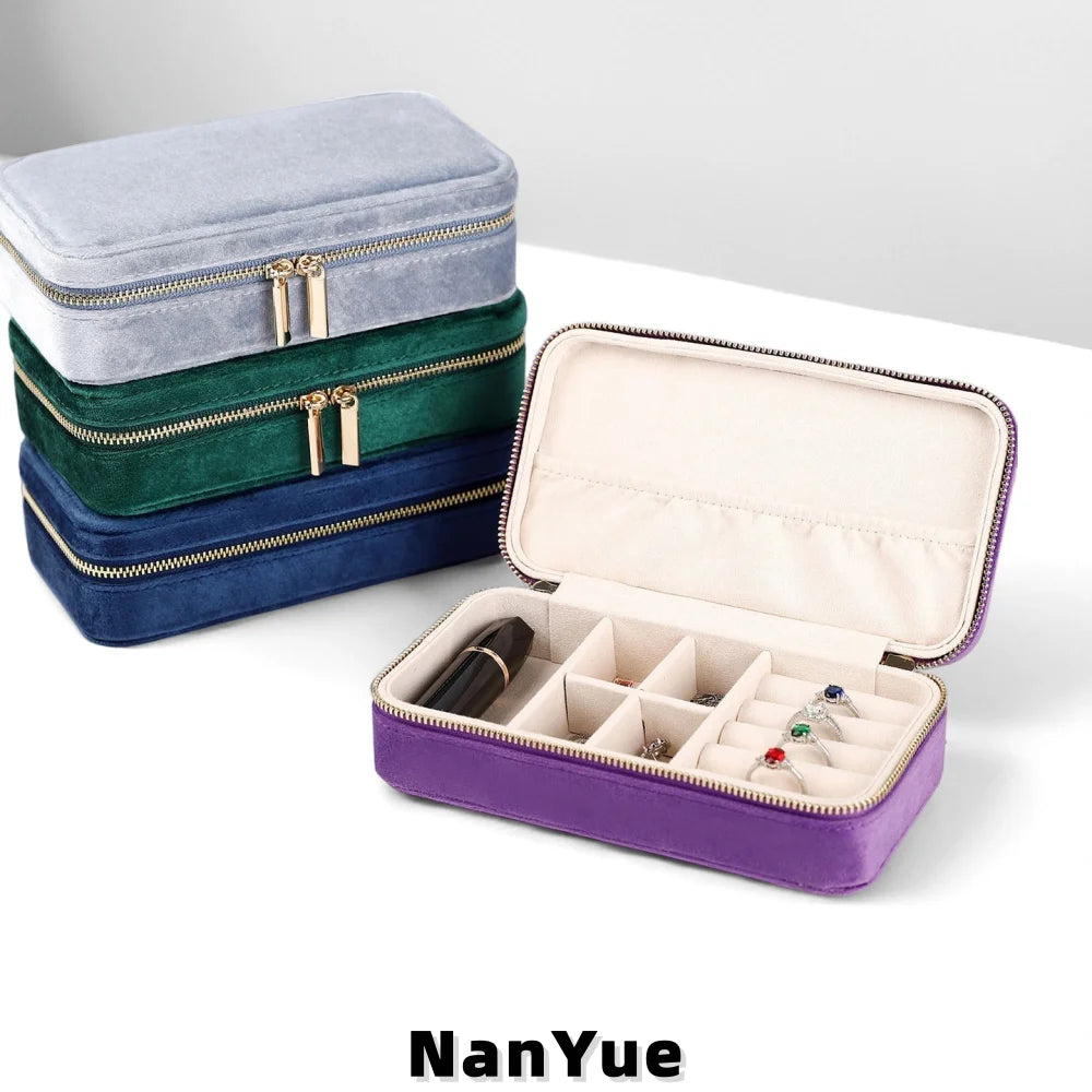 Custom Logo Rectangle Zipper Luxury Velvet Jewelry Box Multi Compartment Portable Rings Earrings Necklaces Jewelry Storage Box