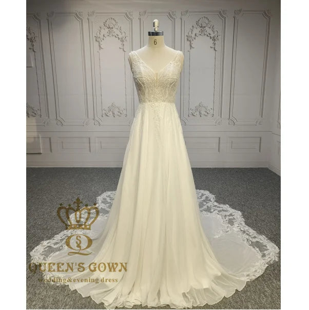 QUEENS GOWN A-Line Floral Lace Wedding Dress Chiffon Plunge V-Neck Illusion Lace Bodice Chapel Train Beach Wedding Bridal Dress