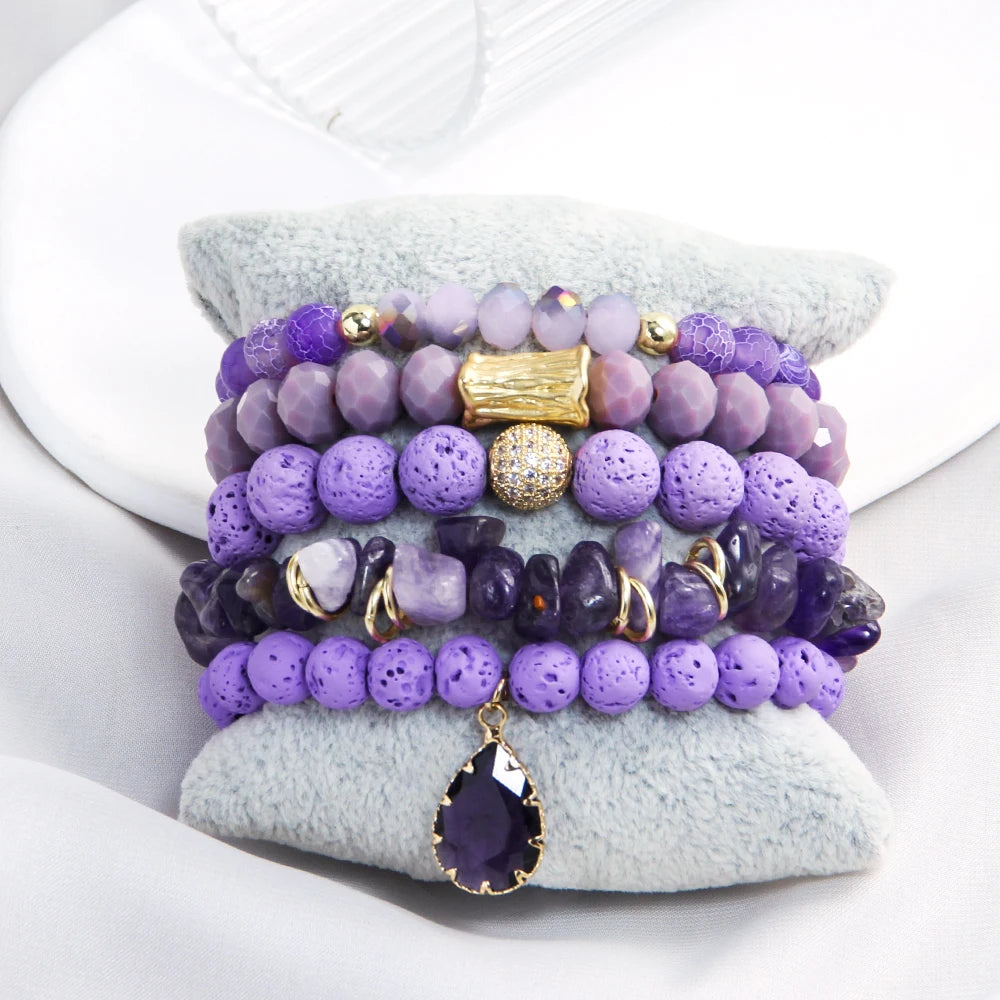 New Porous Volcanic Women's Bohemian Style Jewelry Multicolor Natural Stone Glass Beads Elastic Bracelet 5pcs Stack Bracelet Set