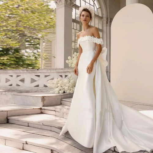 #13195 Mermaid Wedding Dress 2022 Strapless Lace Appliques Open Back Removable Train Bridal Dress Plus Size Vestido De Noiva