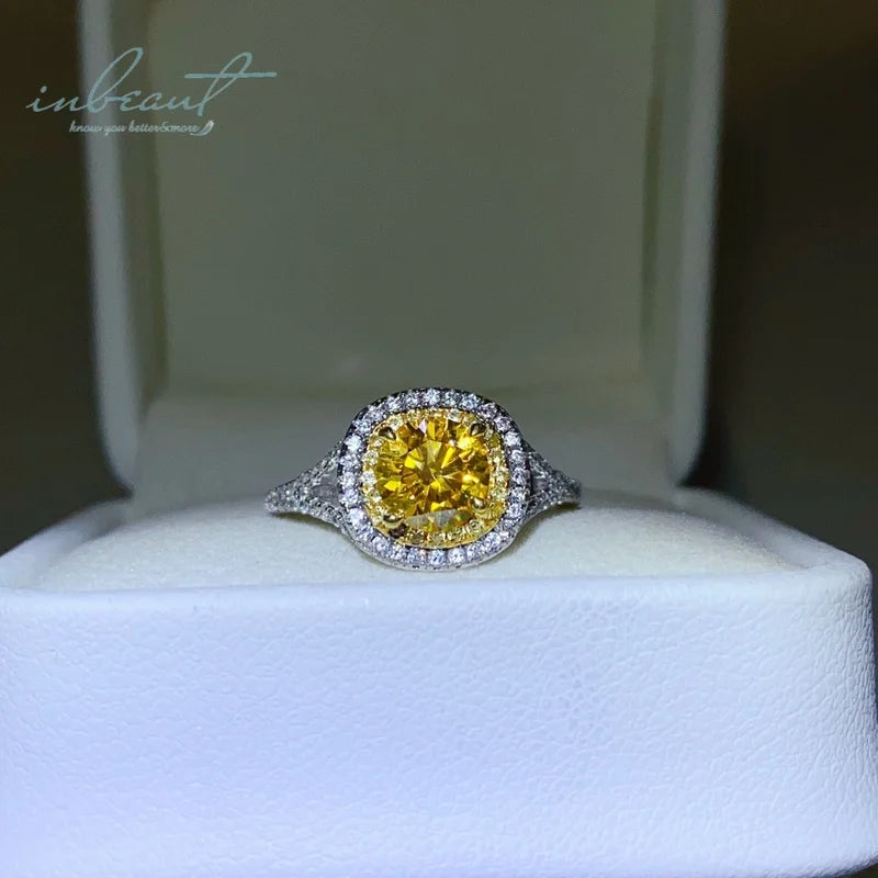 Silver 925 Original 1 Carat Brilliant Cut Diamond Test Past Sparkling Yellow Moissanite Ring for Women Wedding Fine Jewelry