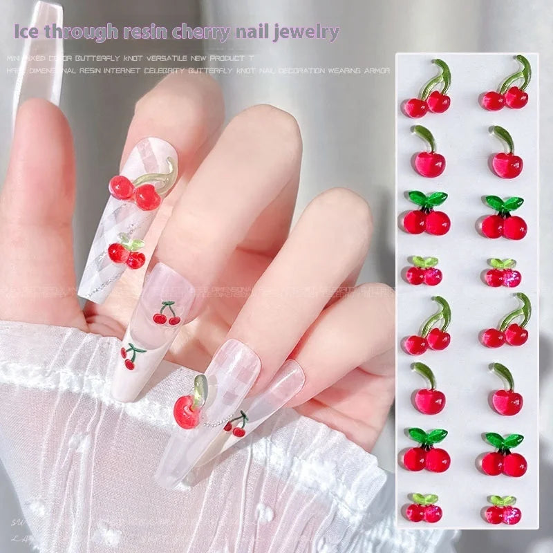 Paso Sico 30Pcs Cherry 3D Diamond French Style Self-adhesive Non-toxic Plastic Nail Art Jewelry Small Cartoon Fruit DIY