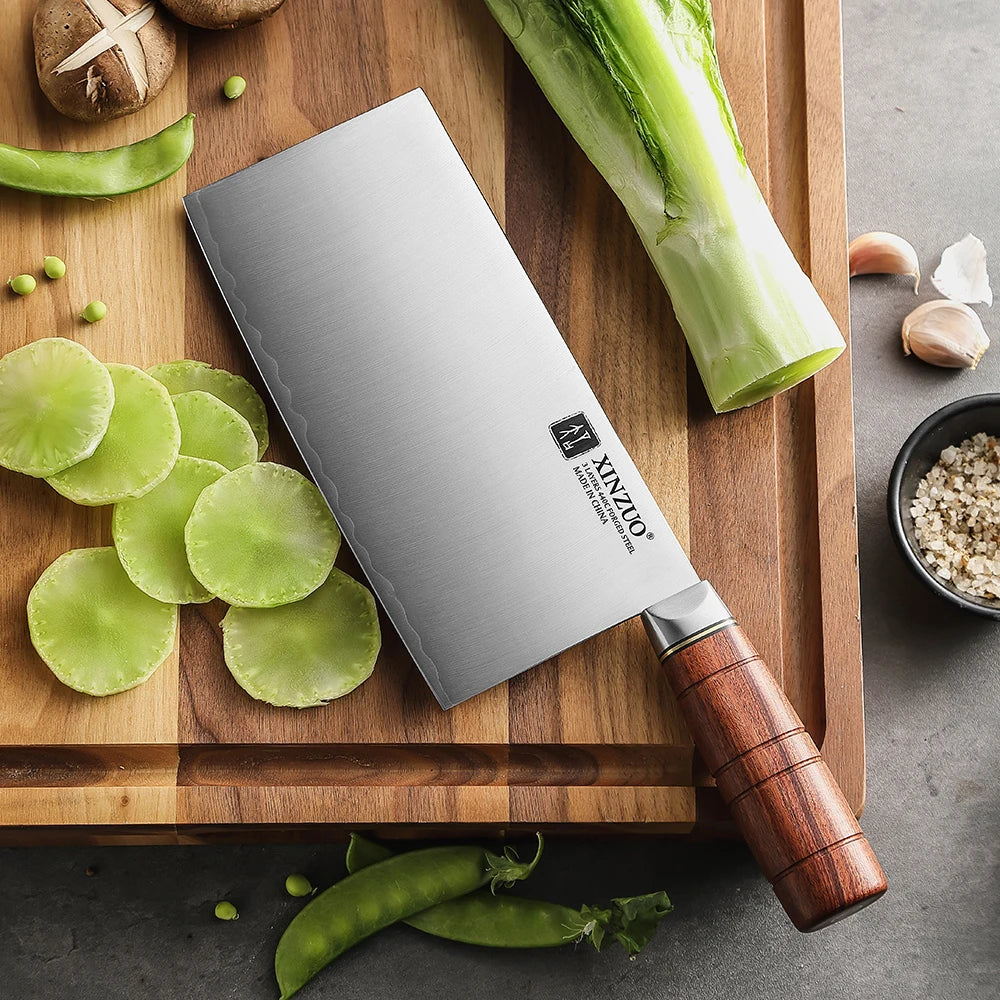 HEZHEN Professional Cleaver Knife High Quality 3 Layers Composite Steel Red Wood Handle Handmade Custom Kitchen Chef Knives