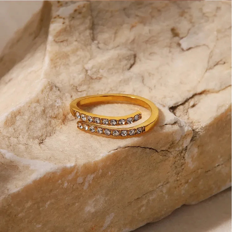 Dainty 18K Gold Plated Two Layer Zircon Inlaid Stainless Steel Stacking Cubic Zirconia Rings Waterproof Jewelry