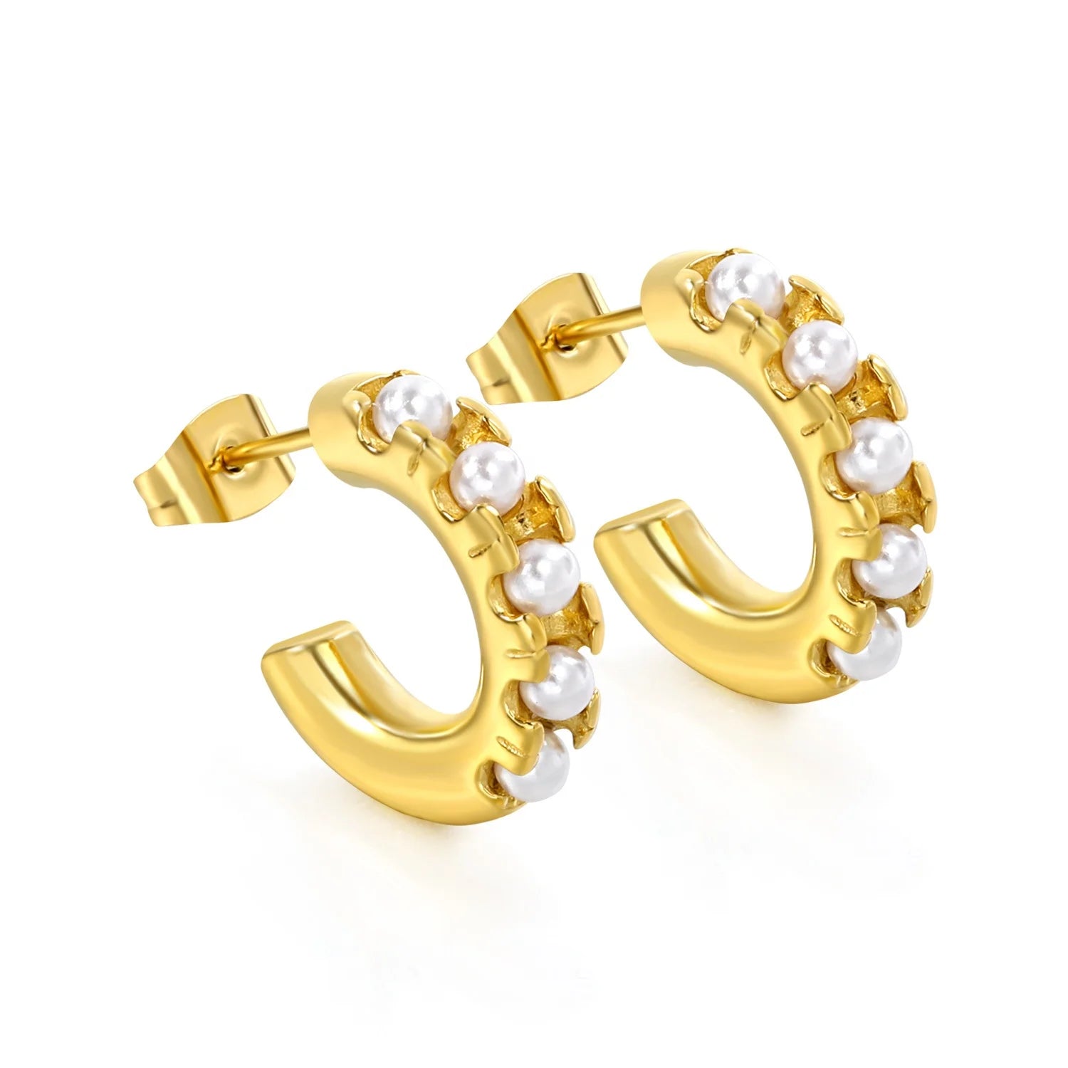 Anti-allergic Dainty Jewelry Imitation Pearl Inlaid Stainless Steel Hoop Earrings 18k Gold Plated Women C-Shaped Ear Stud