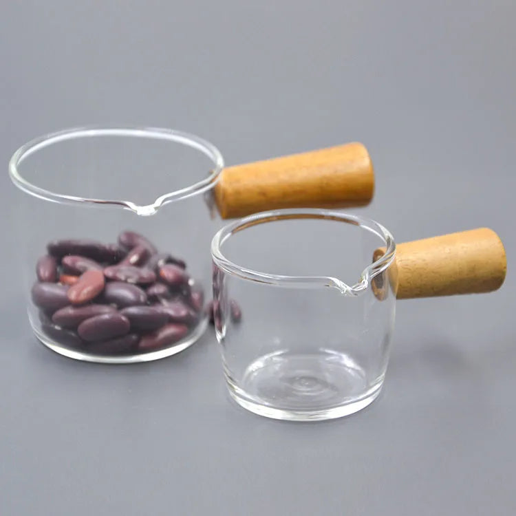 Wood Handle Borosilicate Glass Single Spout Measuring Coffee Cup 70ml/100ml Eco-Friendly Engraved Logo
