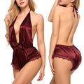 Hot European and American Sexy Lace Satin Pajamas One-piece Silk-like Nightwear Set Deep V Neck Nightwear Lingerie