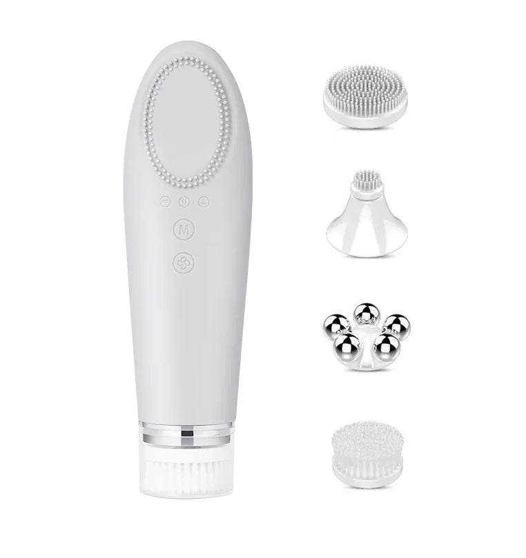 Facial SPA Pore Cleaner Electric Washing Instrument 5-IN-1 Rotating Heat Silicone Brush Rechargeable Cleansing Massager