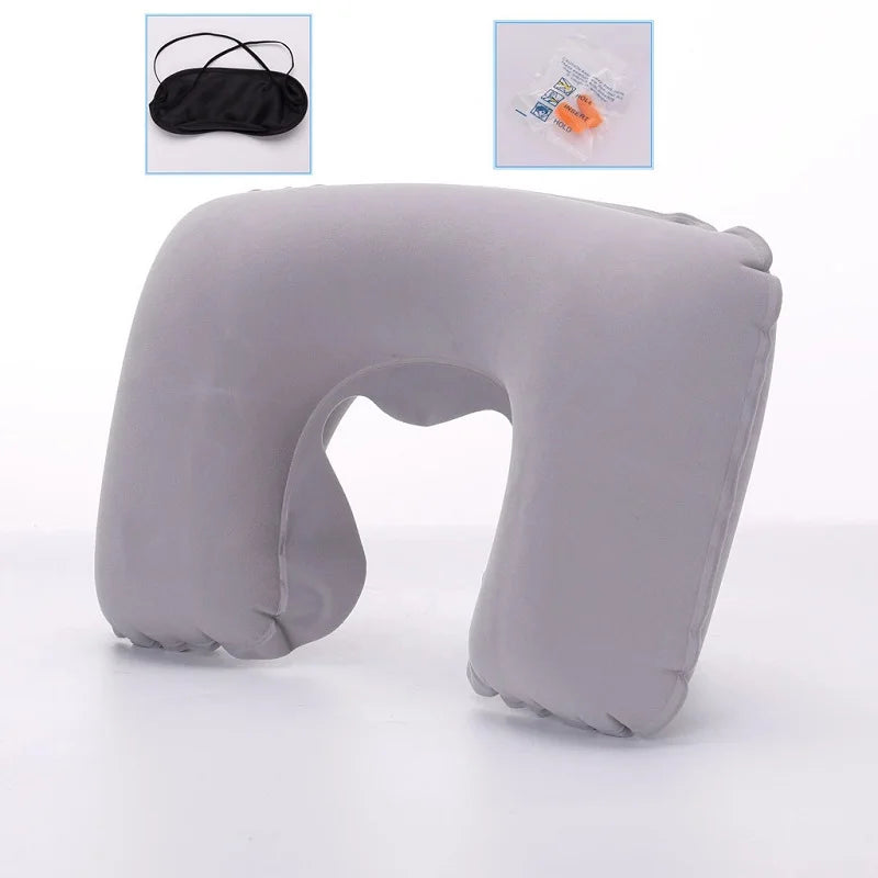 Ready Stock 3 in 1 U Shape Neck Pillow Flocking PVC Inflatable Travel Pillow Set with Eyemask and Earplug