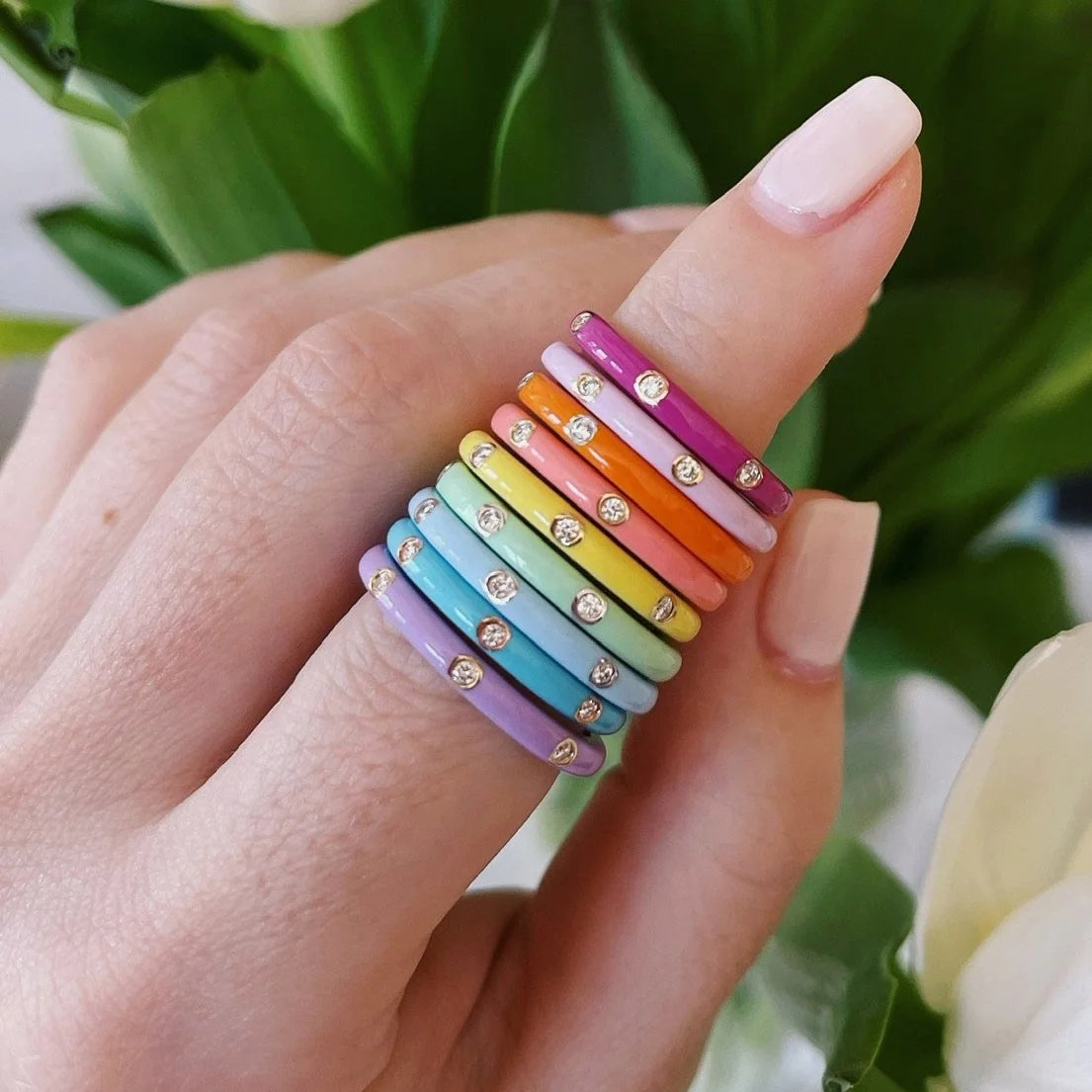 LOZRUNVE Rainbow 3 Diamond 925 Sterling Silver Colorful Enamel Stack Ring Women