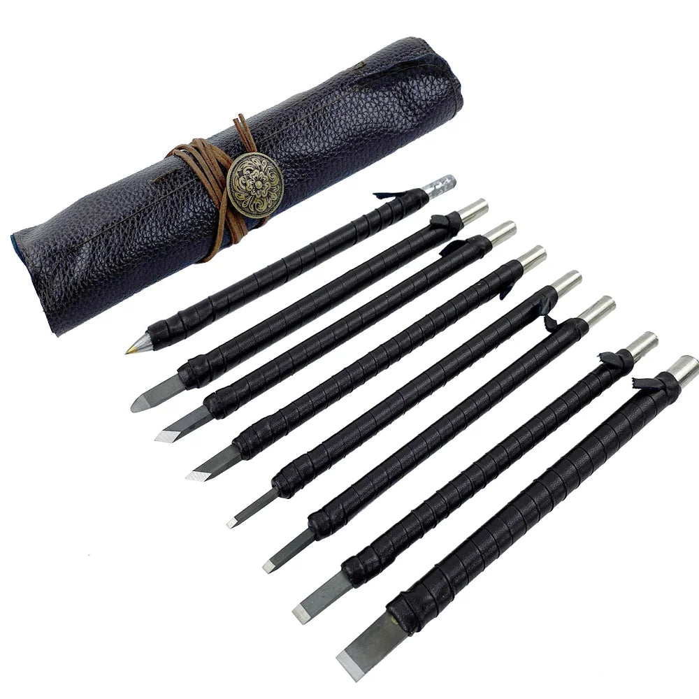 8pcs Wood Carving Tool Kit Tungsten Steel Seal Cutting Knife with Leather Protector Tungsten Steel Carving Knife Jewelry Making
