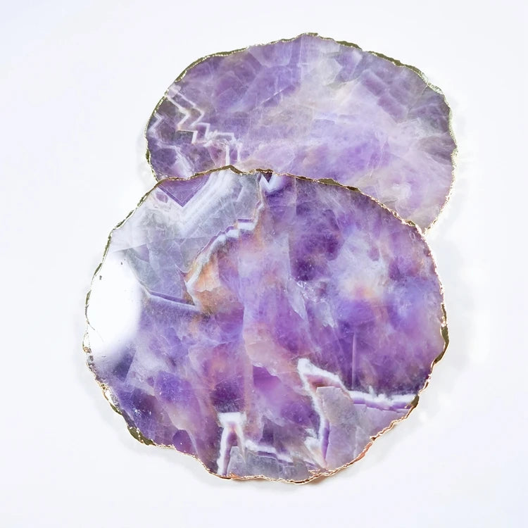 HZ Rose Quartz Crystal Stone Slice Coaster with Gold Trim Crafts