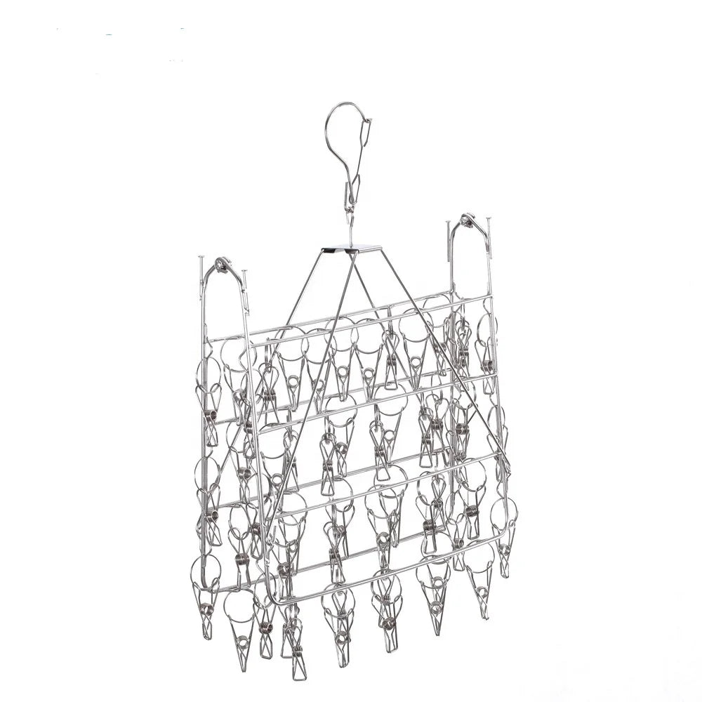 Multifunction Foldable Square Stainless Steel Socks Hanger with 34 Clips Clothes Drying Rack with Pegs for Socks Storage
